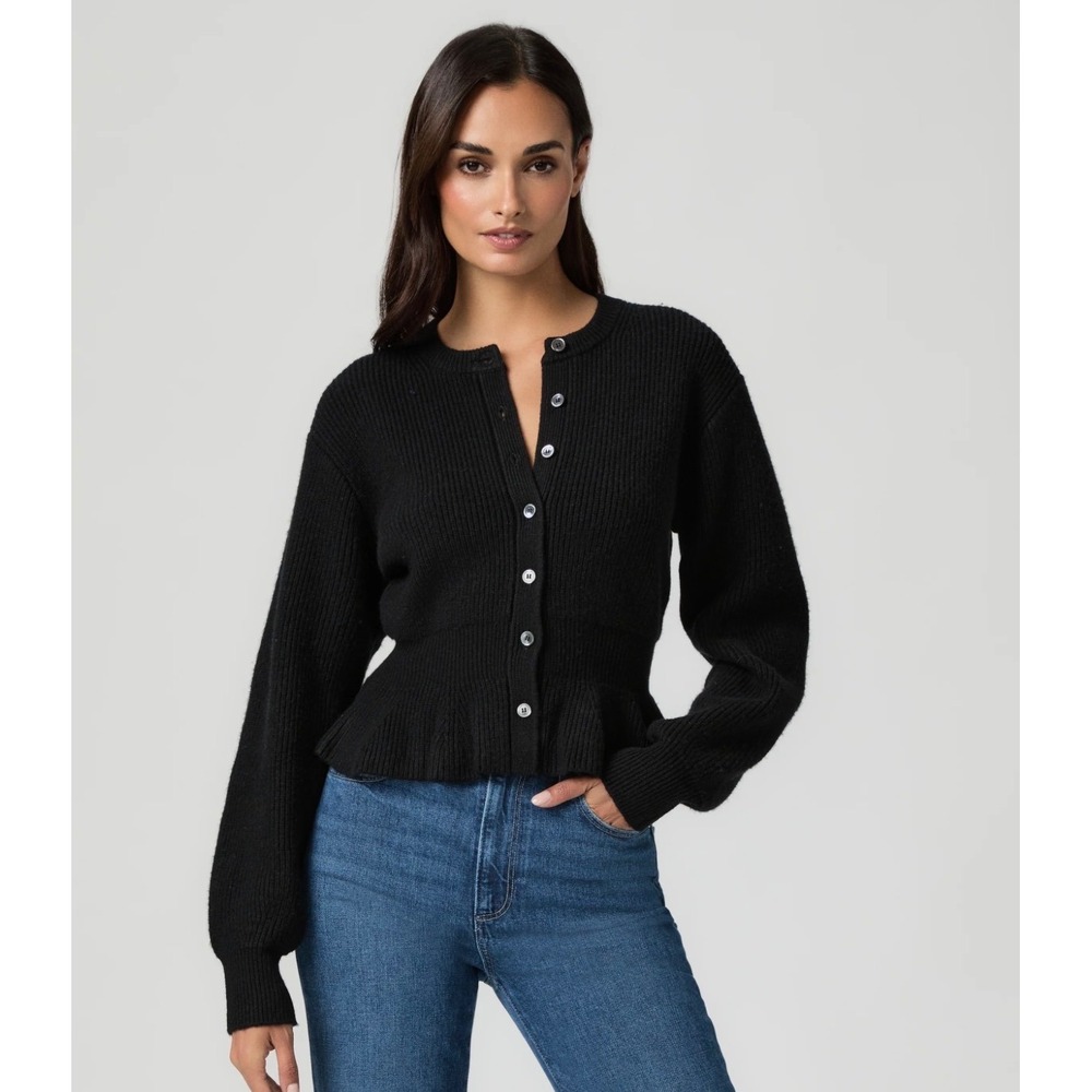 Paige Cardigan Roslyn XS Black Peplum Wool Blend Ribbed Knit Button Front Sweate